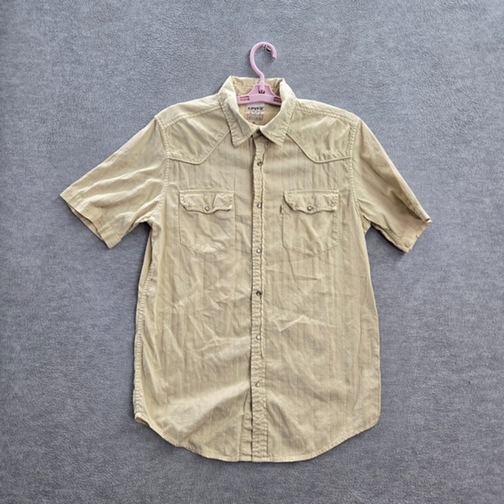 VINTAGE Levi's Longhorn Men Button Up Shirt M Beige Short Sleeve Cotton Logo 90s